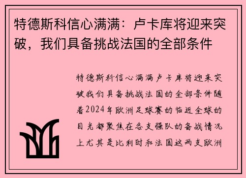 特德斯科信心满满：卢卡库将迎来突破，我们具备挑战法国的全部条件